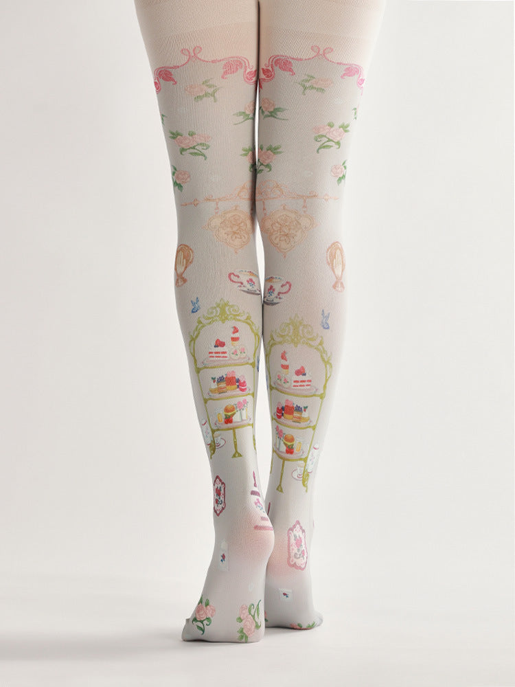 Vintage Cake Pattern Tights with high elasticity and compression,shaping fit and ideal for weddings, parties, ethnic outfits, and street fashion
