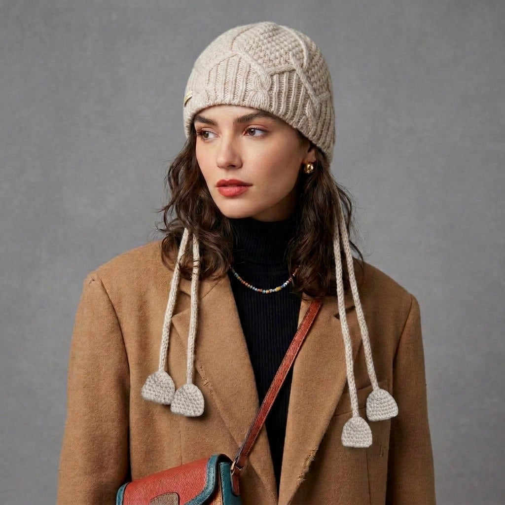 Woman in a camel coat wearing the beige cable-knit jellyfish hat with dangling cords