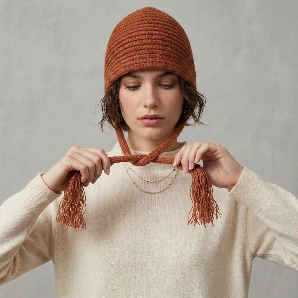 Woman tying the bronze knitted hat under her chin