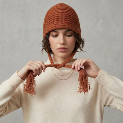 Woman tying the bronze knitted hat under her chin