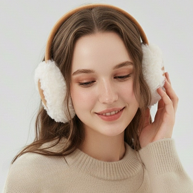 Smiling woman wearing the camel earmuffs with white plush muffs