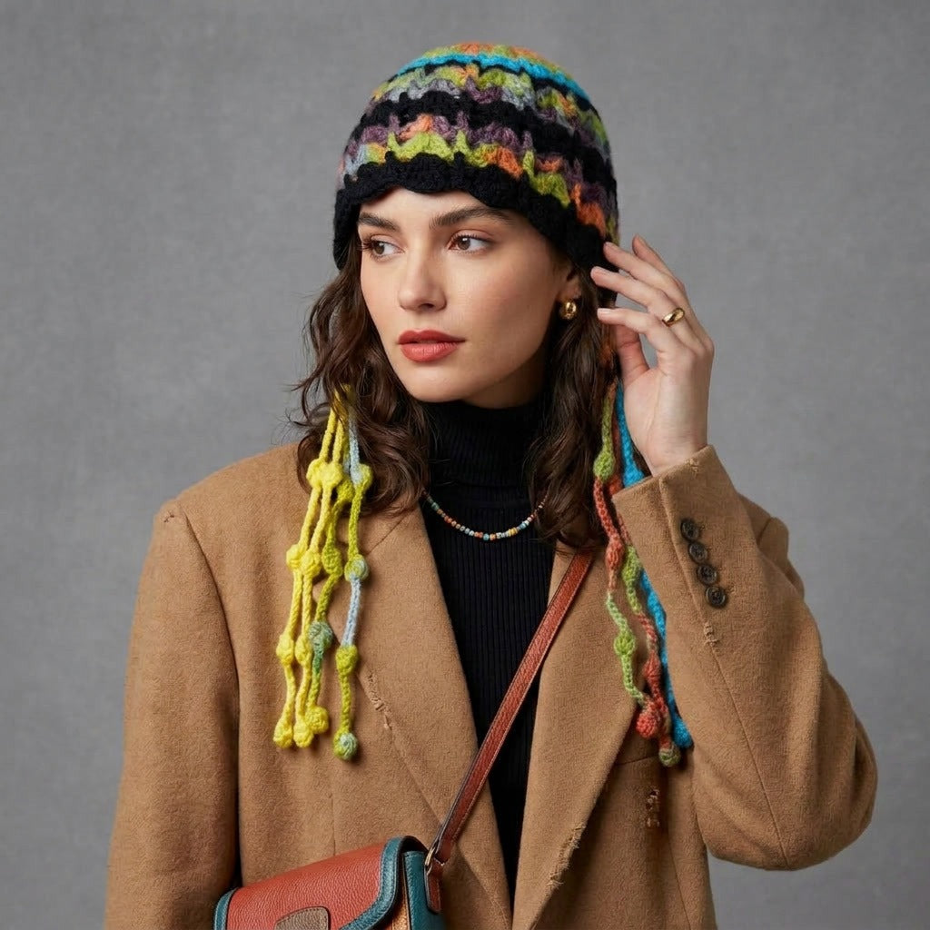 Woman touching the brim of the black multicolour striped beanie