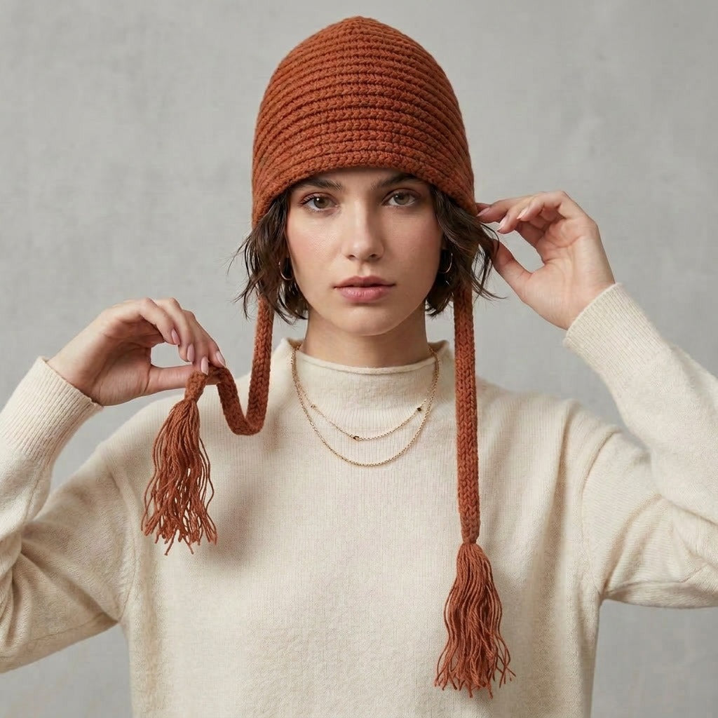 Woman holding up the long tasselled ties of the rust bronze knitted tie hat