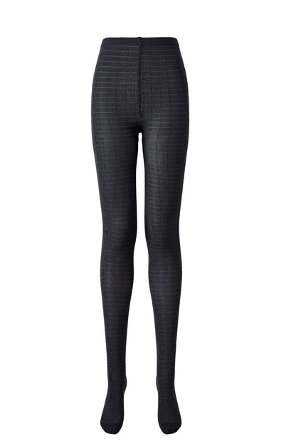 Women's 3D plaid textured tights in black, flat lay front view