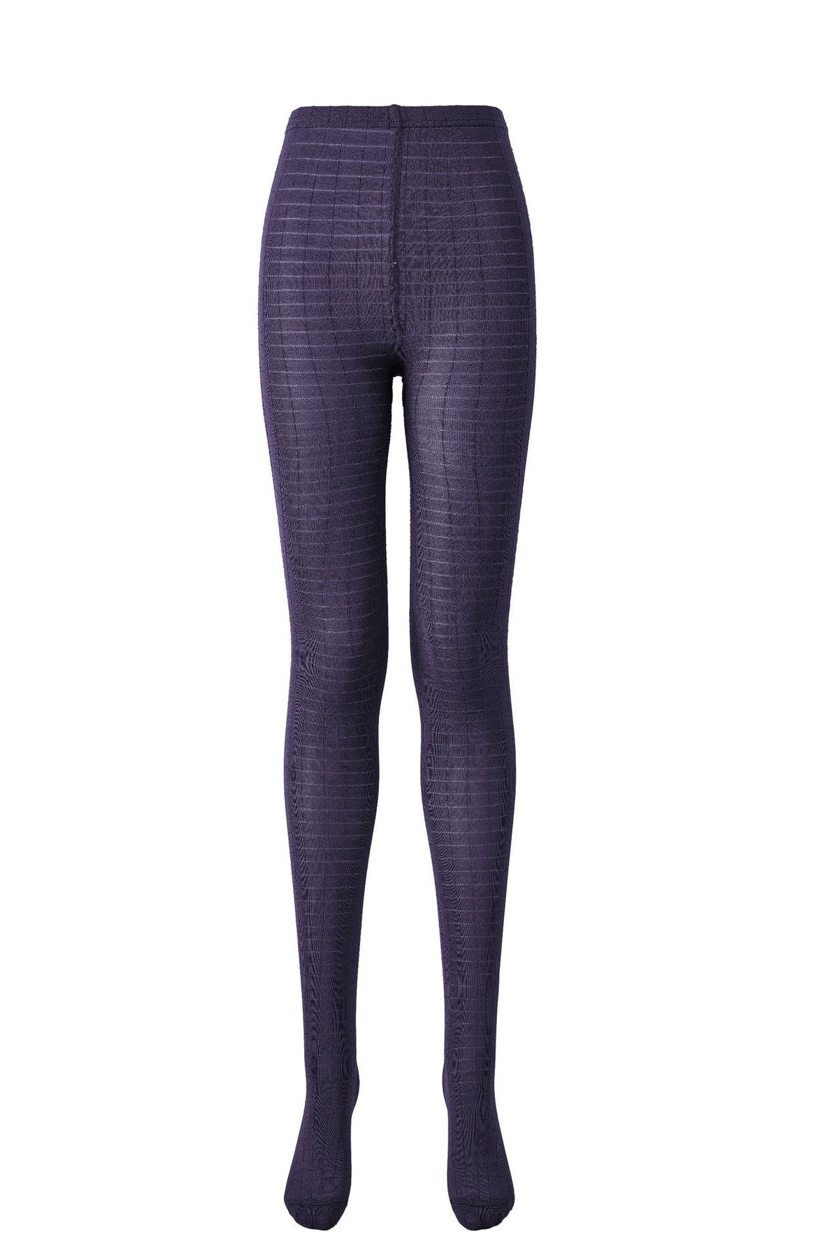 Women's 3D plaid textured tights in purple, flat lay front view