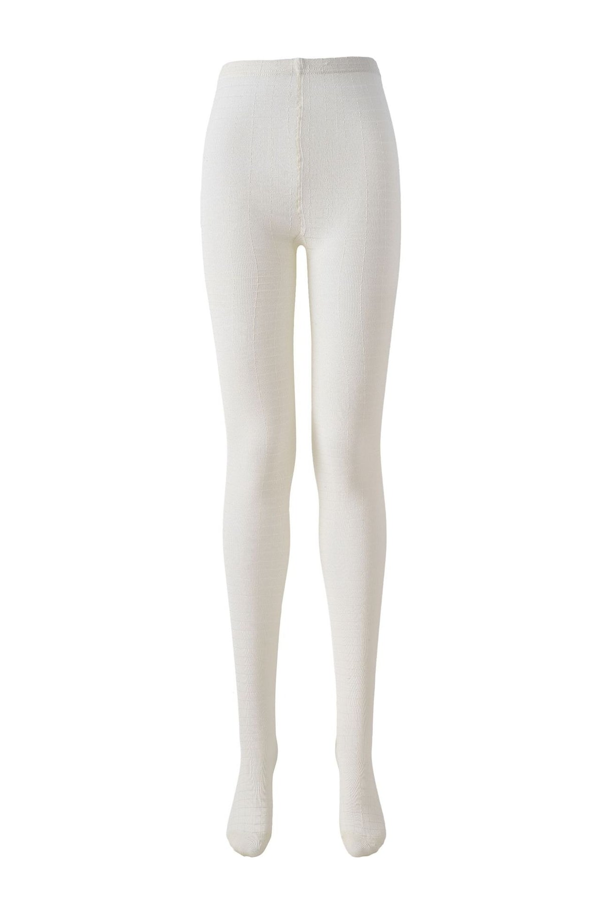 Women's 3D plaid textured tights in white, flat lay front view