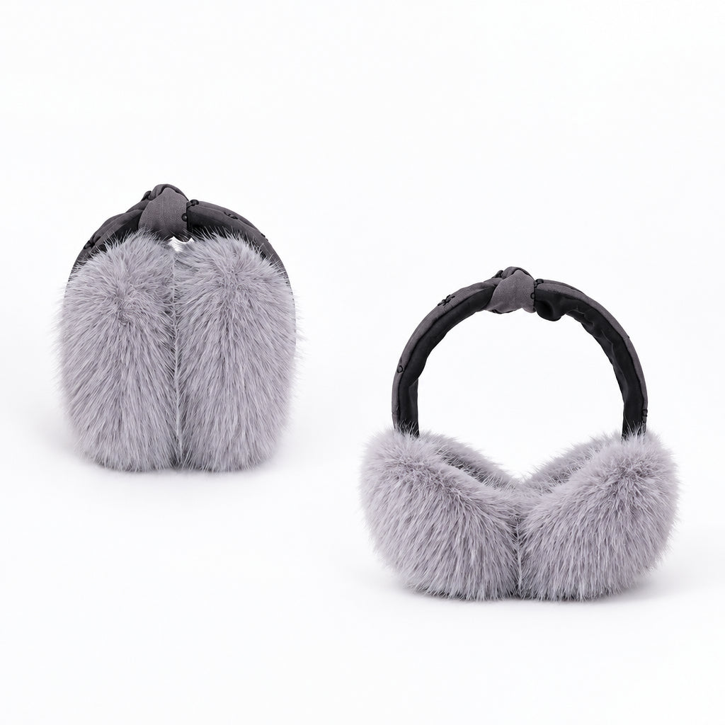 Grey bow print earmuffs shown folded and open