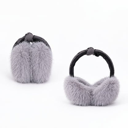 Grey bow print earmuffs shown folded and open