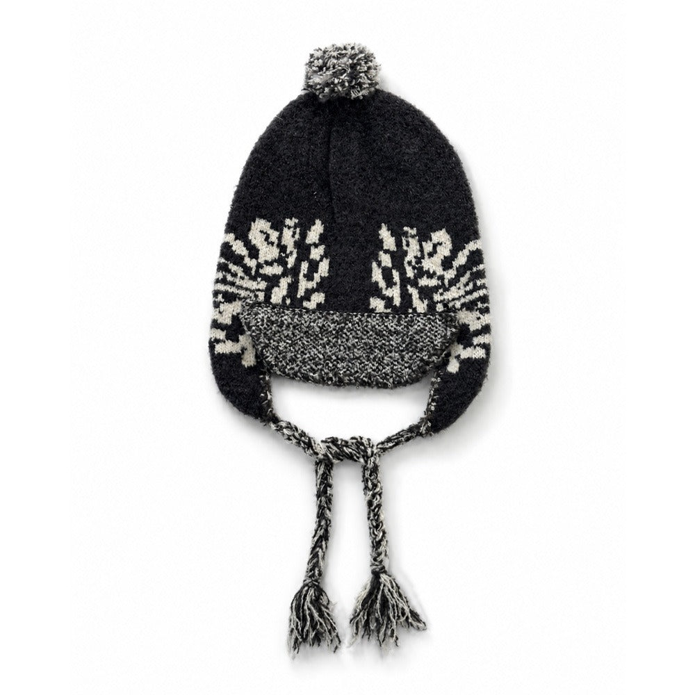 Black knitted trapper hat with cream patterned side panels, laid flat