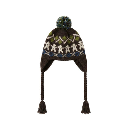 Brown gingerbread man ear-flap hat with tassel ties on a white background