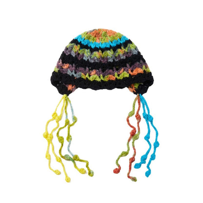 Black-based multicolour striped beanie with dangling bobble strands, laid flat