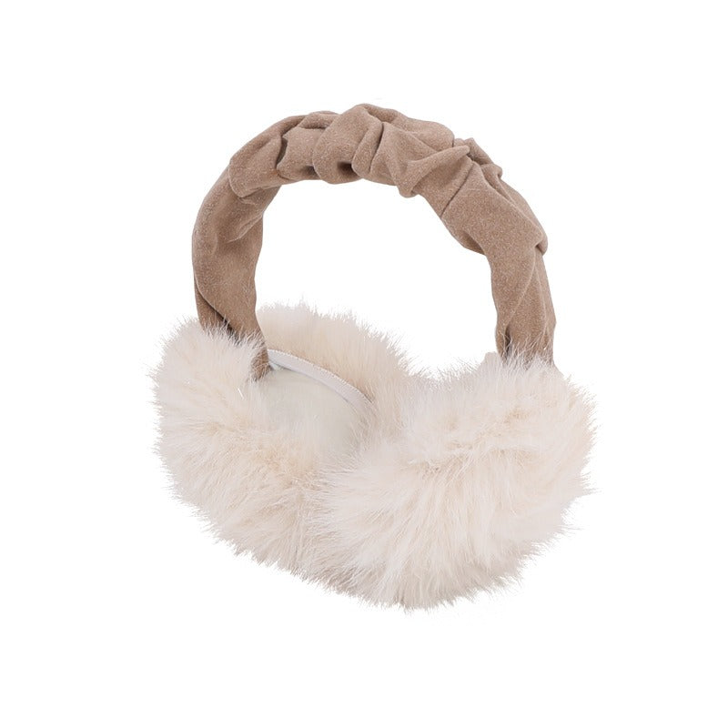 Khaki earmuffs with a ruched beige headband and cream plush muffs
