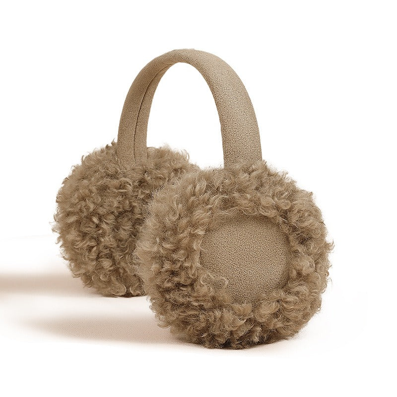 Khaki earmuffs with curly teddy plush muffs and a matching headband