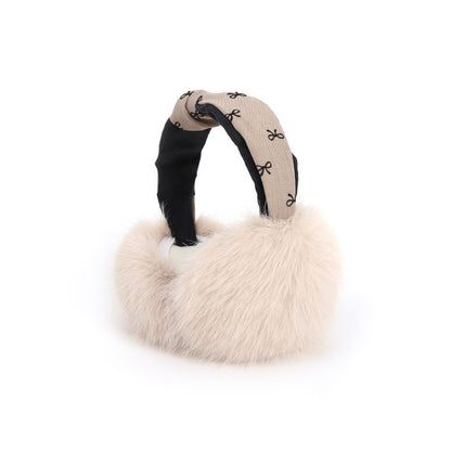 Khaki earmuffs with a cream bow print headband