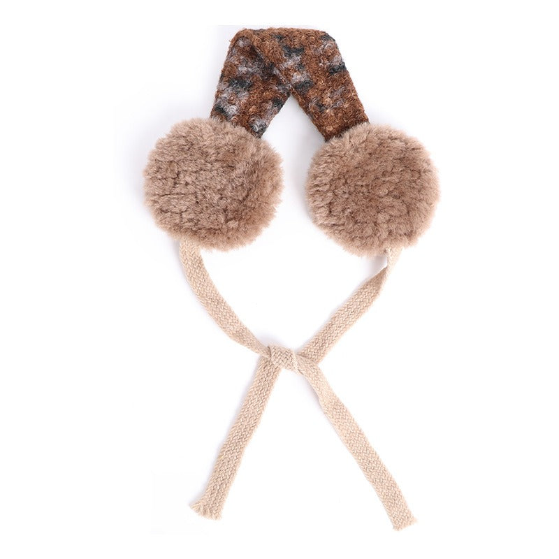 Coffee tartan earmuffs with brown fluffy muffs and beige ties