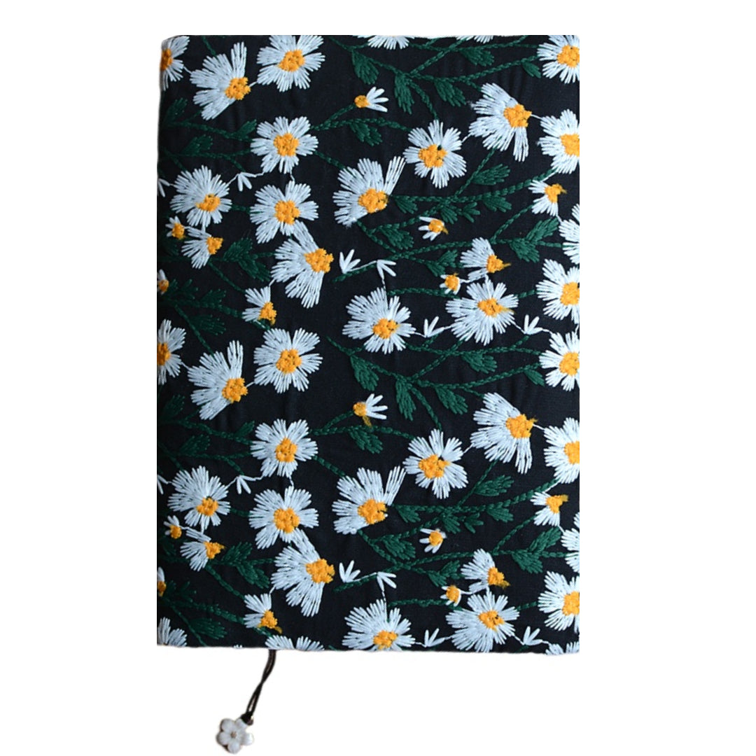 Embroidered Daisies Book Pouch / Notebook Black