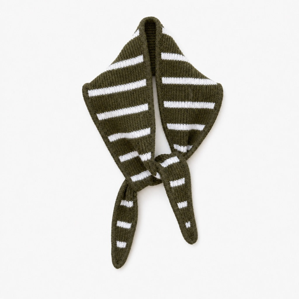 Army green triangle scarf with cream stripes, knotted, on a white background