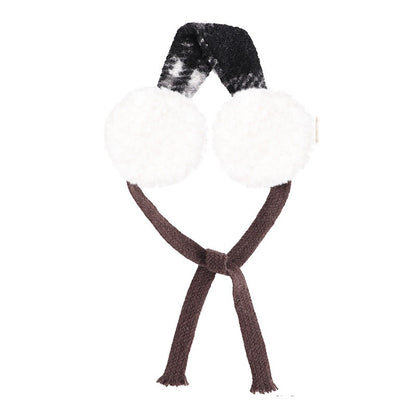 Black tartan earmuffs with white fluffy muffs and brown ties