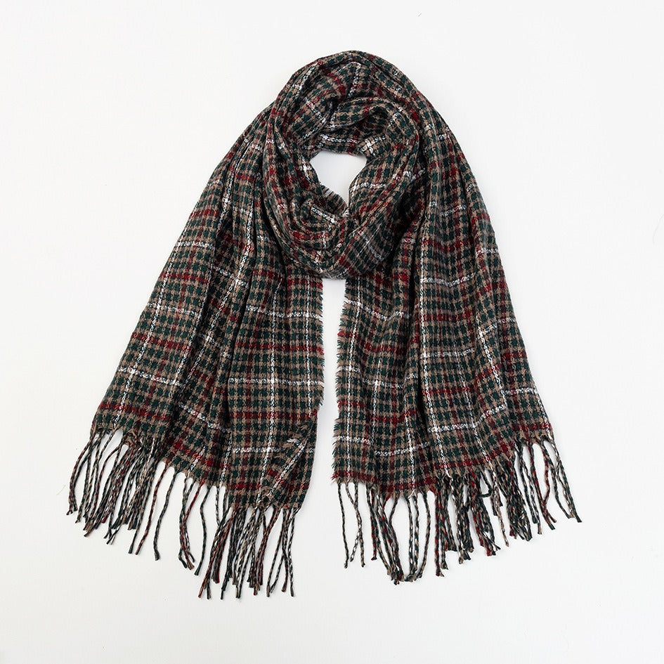 Dark houndstooth fringe scarf with fine red lines, loosely knotted