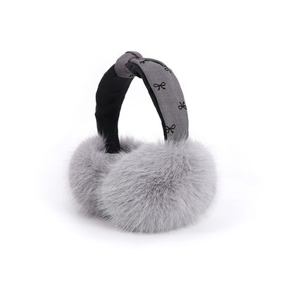 Grey earmuffs with fluffy grey muffs and a bow print headband