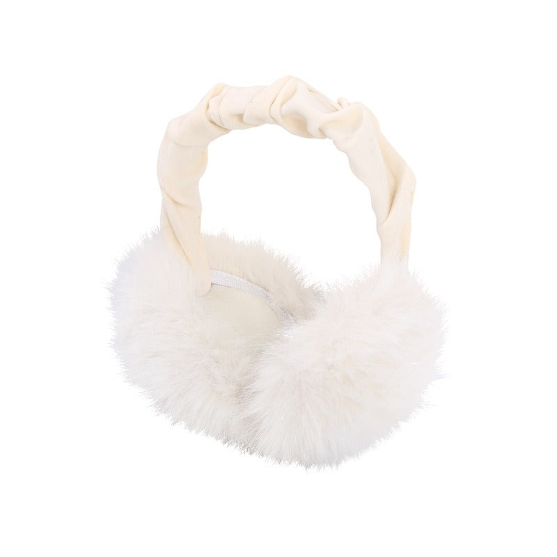 White earmuffs with a ruched headband and fluffy white muffs