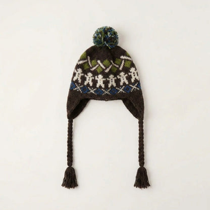 Brown gingerbread man ear-flap hat with green zigzag band, laid flat