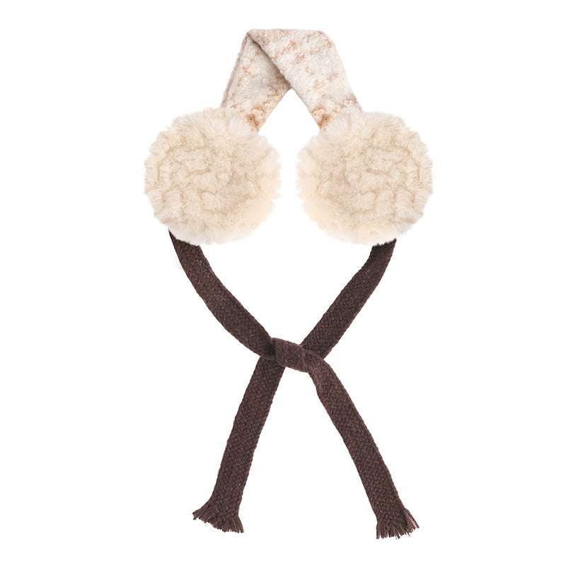 Camel tartan earmuffs with cream fluffy muffs and brown ties