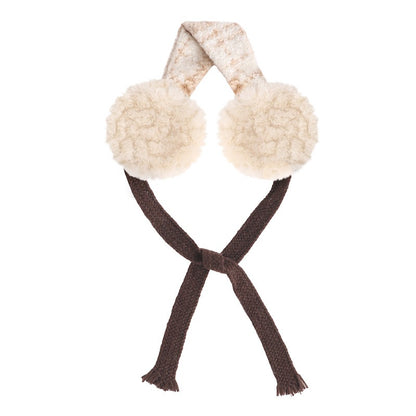 Camel tartan earmuffs with cream fluffy muffs and brown ties