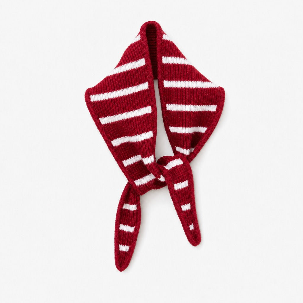 Red triangle scarf with cream stripes, knotted, on a white background