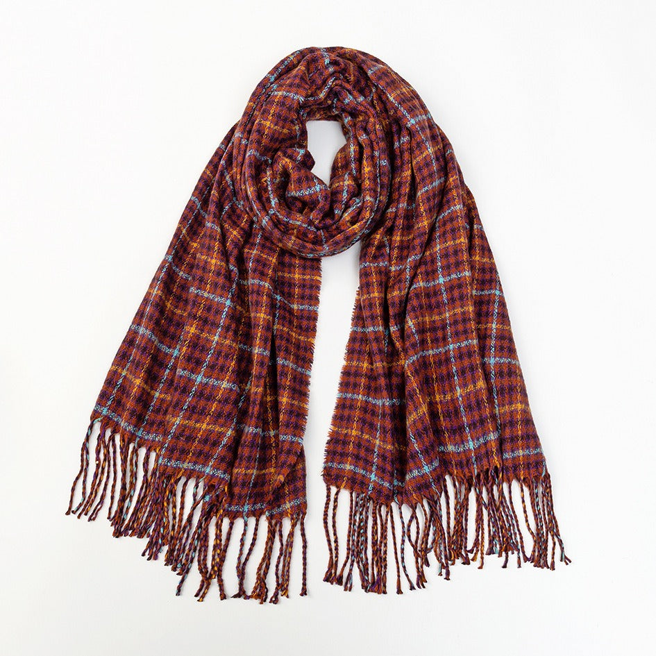 Burgundy houndstooth scarf with long fringe, loosely knotted