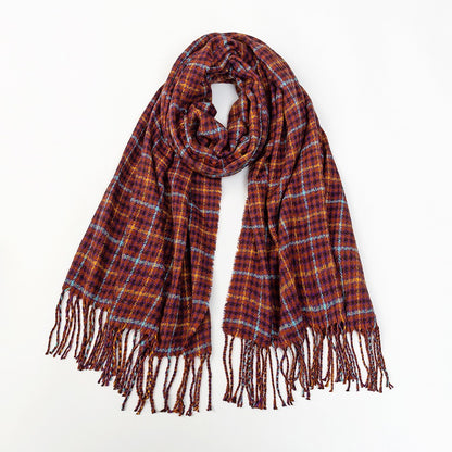 Burgundy houndstooth scarf with long fringe, loosely knotted