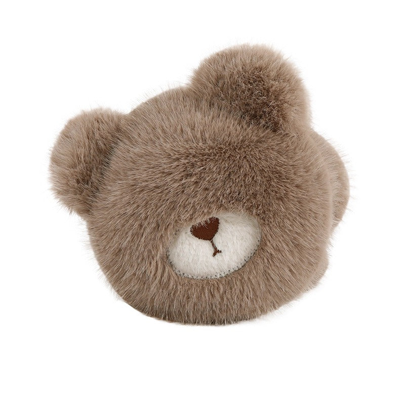 Khaki plush bear earmuff with embroidered nose