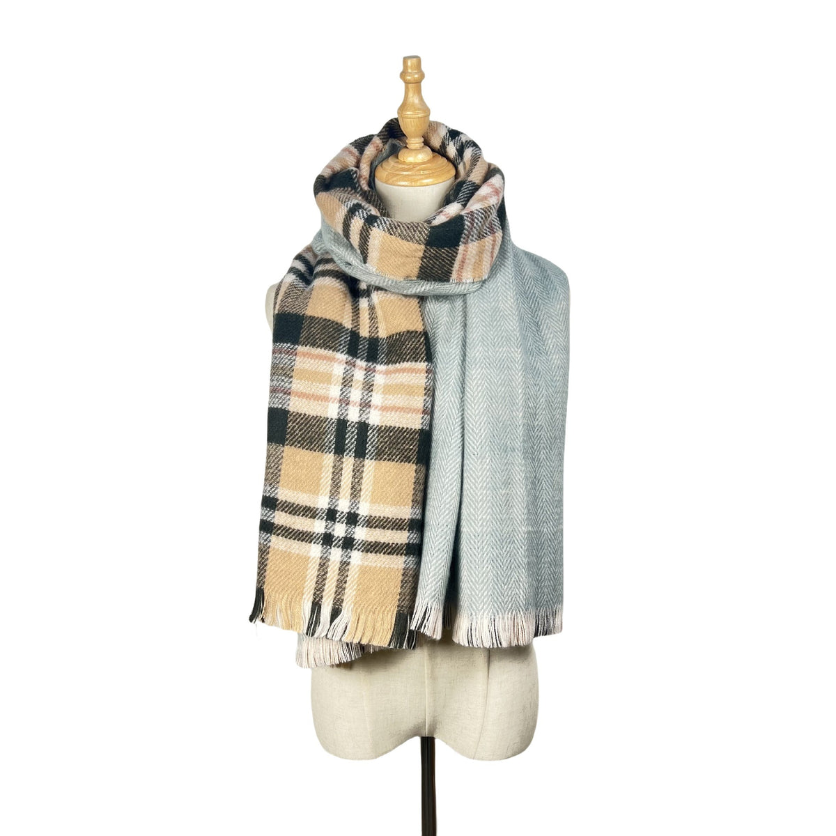 Camel plaid scarf with pale grey reverse wrapped on a mannequin