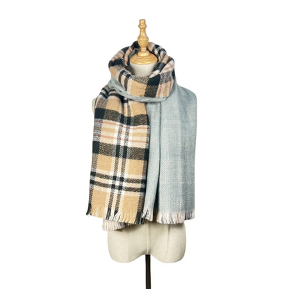 Camel plaid scarf with pale grey reverse wrapped on a mannequin