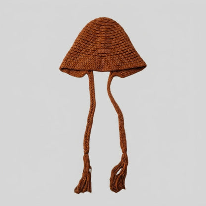 Bronze bell-shaped knitted hat with long tasselled ties
