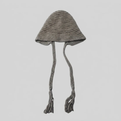 Grey bell-shaped knitted hat with long tasselled ties