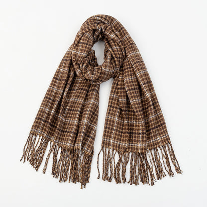 Camel houndstooth scarf with long fringe, loosely knotted