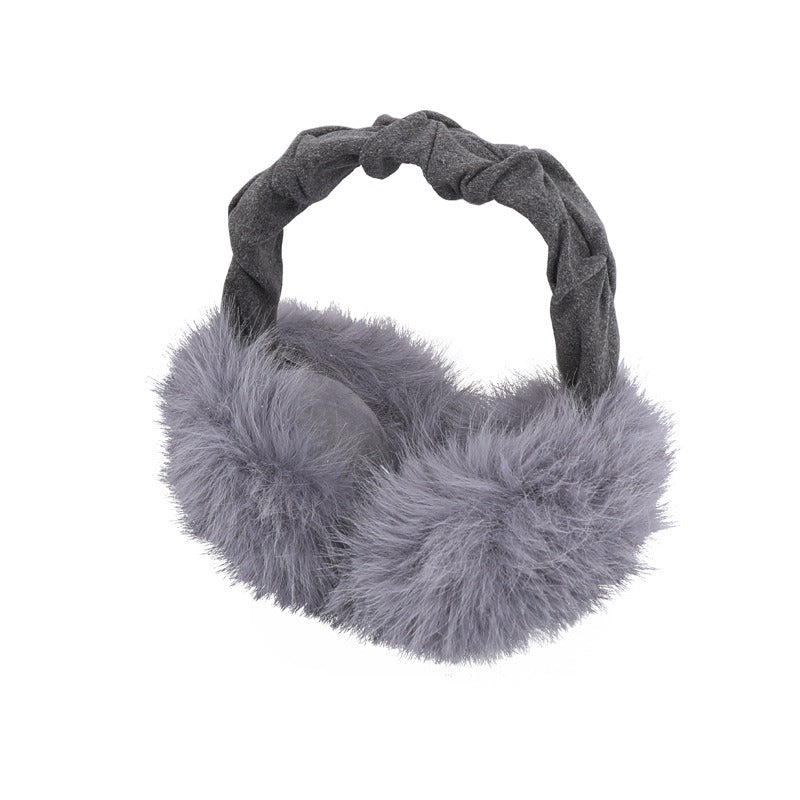 Grey earmuffs with a ruched headband and fluffy grey muffs