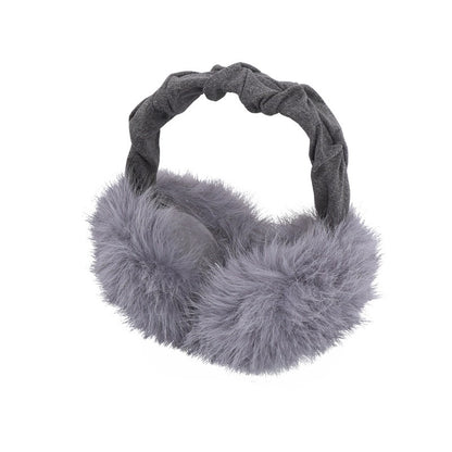 Grey earmuffs with a ruched headband and fluffy grey muffs