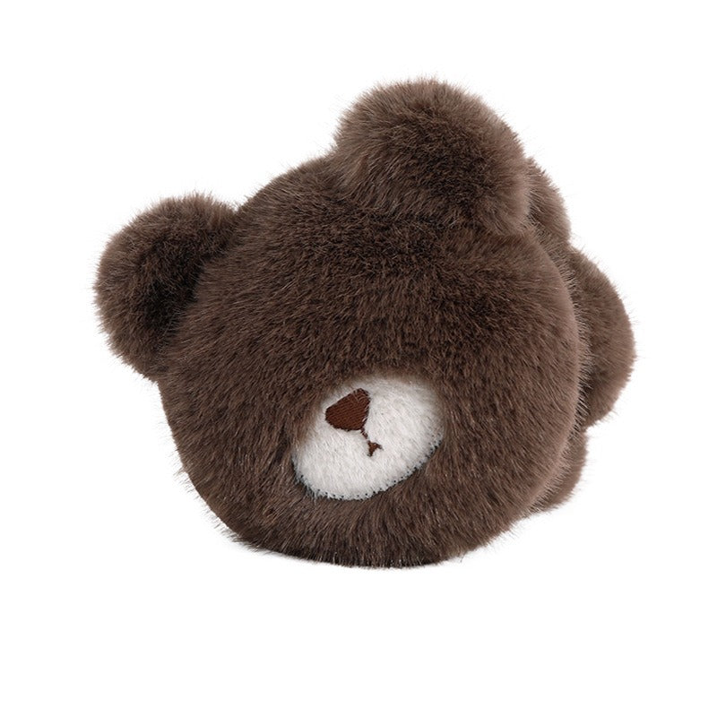 Coffee brown plush bear earmuff with embroidered nose