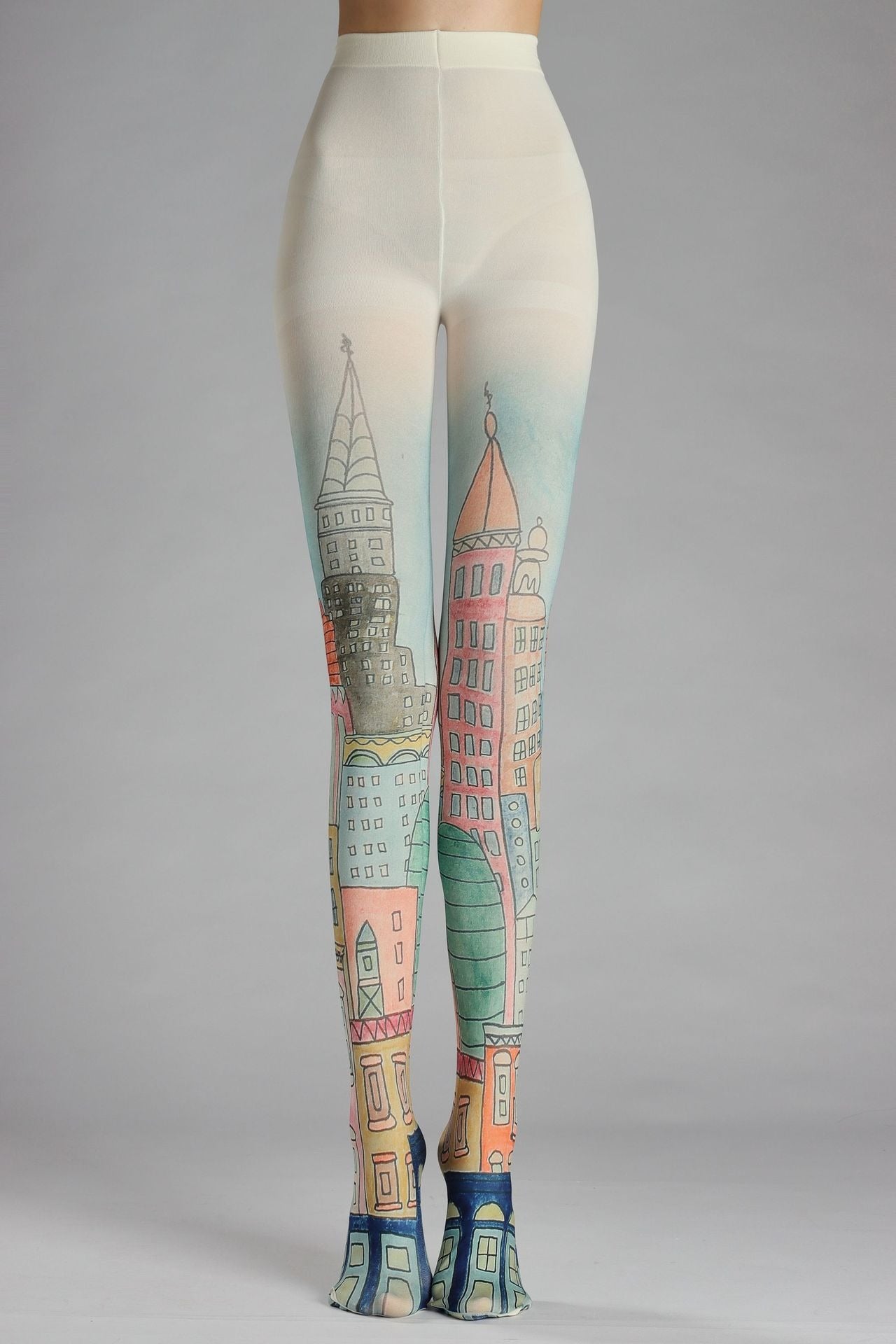 Hand-Drawn Romantic City Houses Tights with high elasticity and shaping fit, suitable for events, cosplay, street style, and gifting girls at Christmas