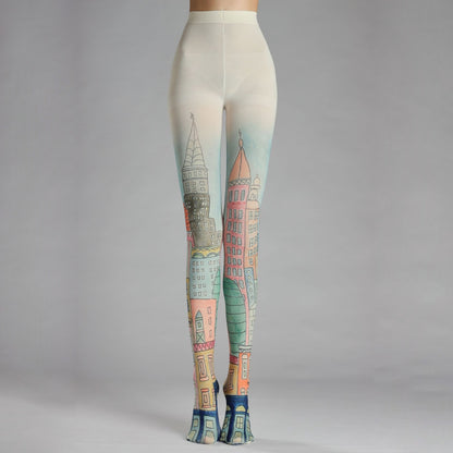 Hand-Drawn Romantic City Houses Tights with high elasticity and shaping fit, suitable for events, cosplay, street style, and gifting girls at Christmas
