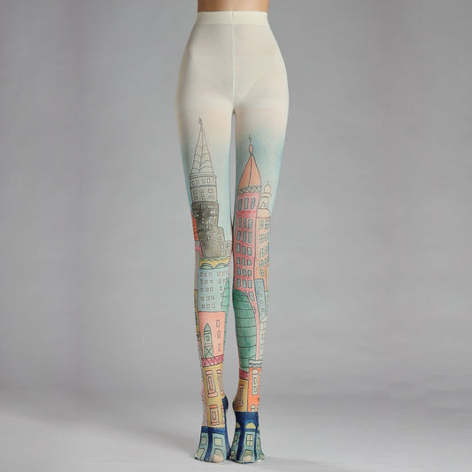 Hand-Drawn Romantic City Houses Tights with high elasticity and shaping fit, suitable for events, cosplay, street style, and gifting girls at Christmas