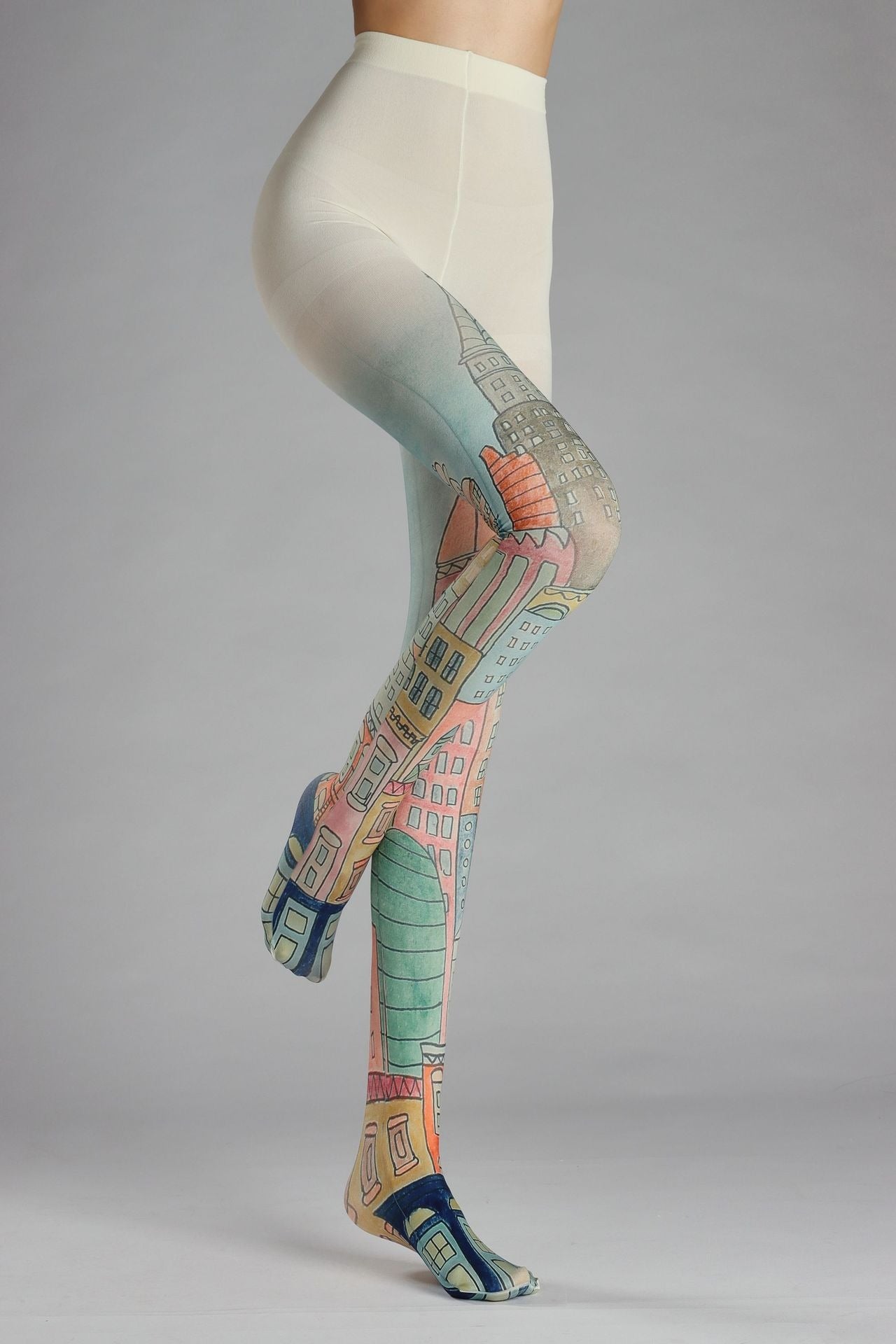 Hand-Drawn Romantic City Houses Tights with high elasticity and shaping fit, suitable for events, cosplay, street style, and gifting girls at Christmas