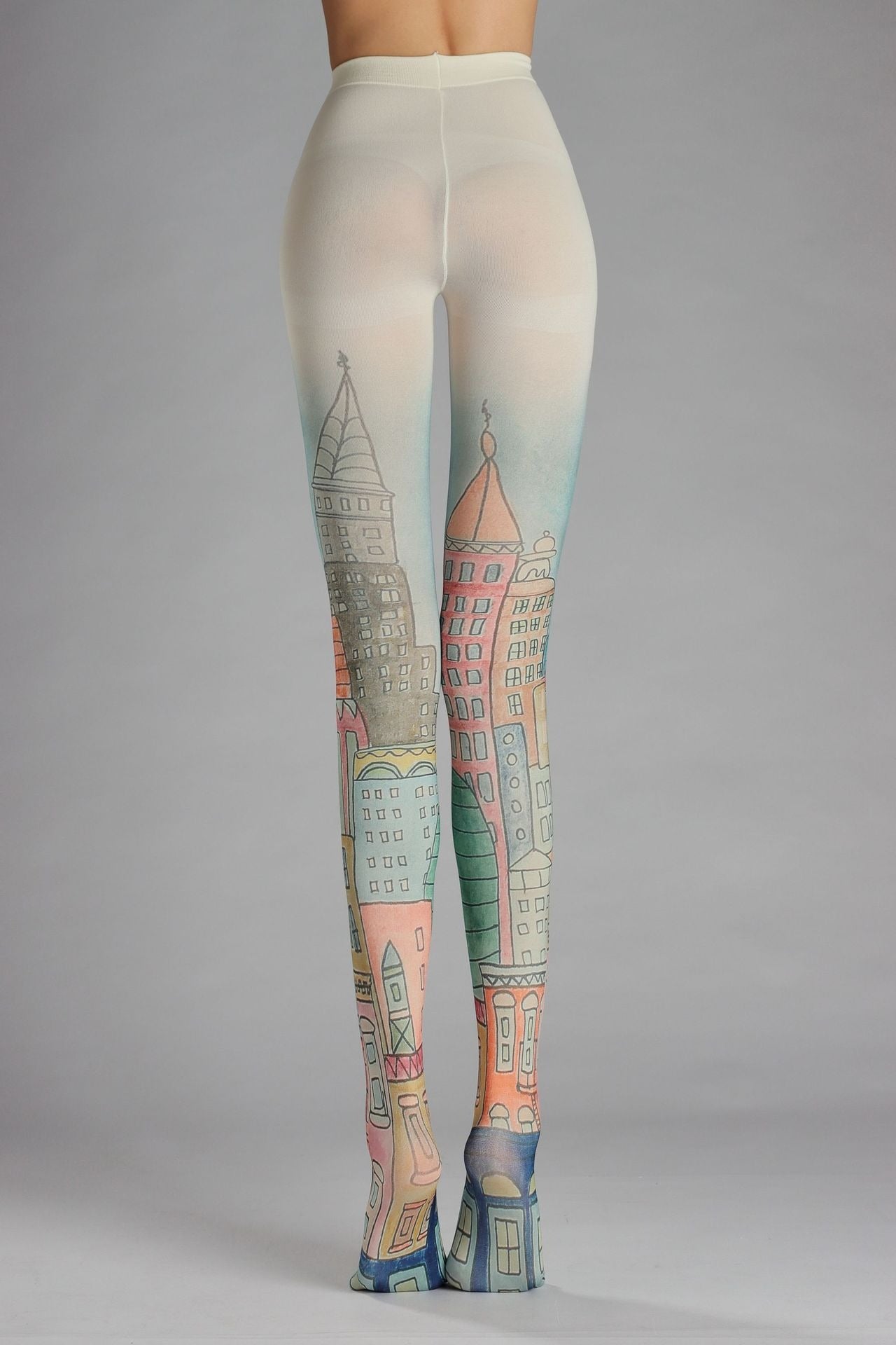 Hand-Drawn Romantic City Houses Tights with high elasticity and shaping fit, suitable for events, cosplay, street style, and gifting girls at Christmas