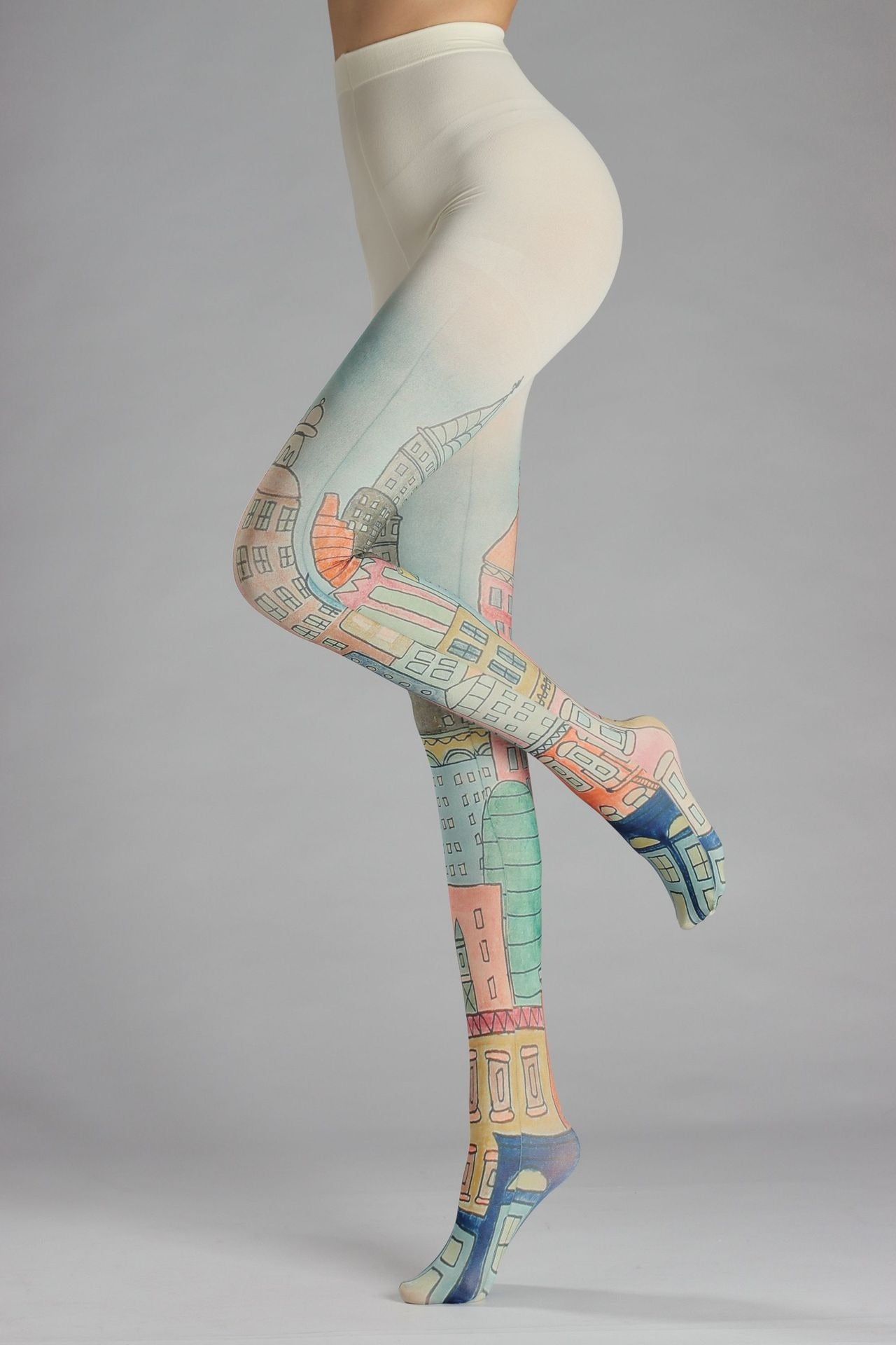 Hand-Drawn Romantic City Houses Tights with high elasticity and shaping fit, suitable for events, cosplay, street style, and gifting girls at Christmas