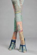 Hand-Drawn Romantic City Houses Tights with high elasticity and shaping fit, suitable for events, cosplay, street style, and gifting girls at Christmas