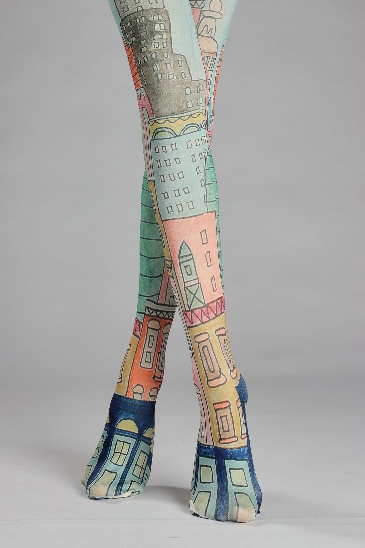 Hand-Drawn Romantic City Houses Tights with high elasticity and shaping fit, suitable for events, cosplay, street style, and gifting girls at Christmas