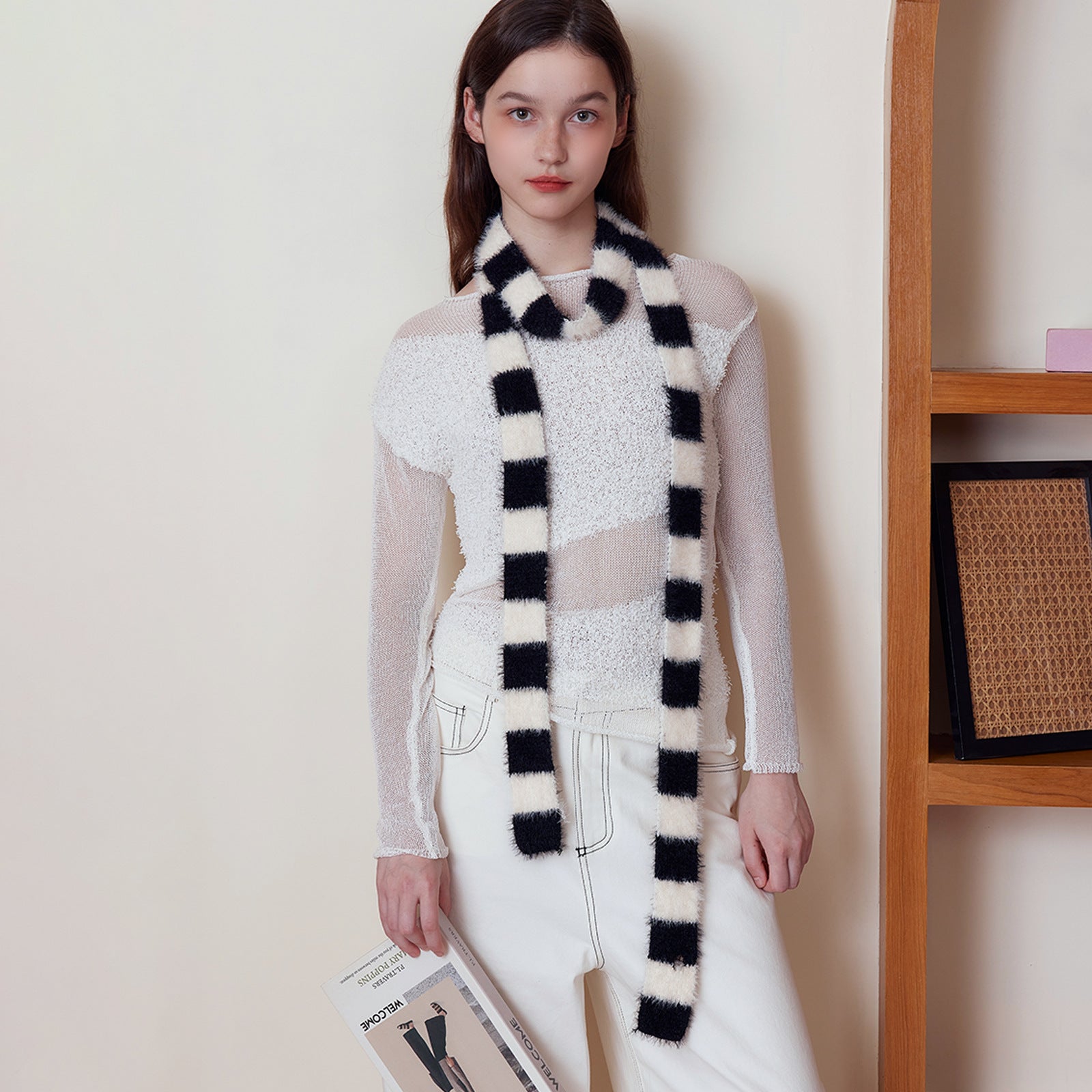 Black Fluffy Knitted Scarf women Accessory