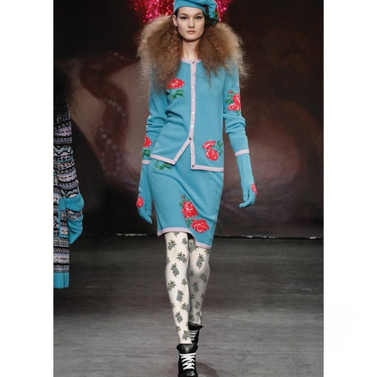 Blue Floral  Velvet Tights